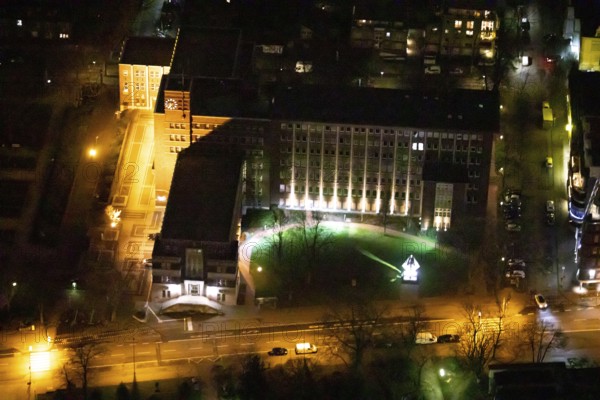 Aerial view, city hall Oberhausen, city administration, night photography, Schwartzstraße, Oberhausen, Ruhr area, North Rhine-Westphalia, Germany, DEU, Europe, birds-eyes view, aerial photography, aerial photography, overview, bird's eye view, nightshot, night, night flight