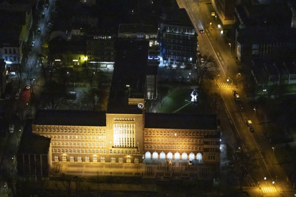 Aerial view, city hall Oberhausen, city administration, night photography, Schwartzstraße, Oberhausen, Ruhr area, North Rhine-Westphalia, Germany, DEU, Europe, birds-eyes view, aerial photography, aerial photography, overview, bird's eye view, nightshot, night, night flight