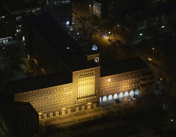 Aerial view, city hall Oberhausen, city administration, night photography, Schwartzstraße, Oberhausen, Ruhr area, North Rhine-Westphalia, Germany, DEU, Europe, birds-eyes view, aerial photography, aerial photography, overview, bird's eye view, nightshot, night, night flight