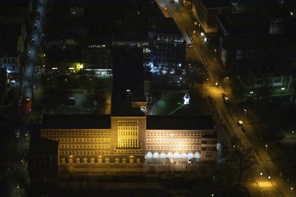 Aerial view, city hall Oberhausen, city administration, night photography, Schwartzstraße, Oberhausen, Ruhr area, North Rhine-Westphalia, Germany, DEU, Europe, birds-eyes view, aerial photography, aerial photography, overview, bird's eye view, nightshot, night, night flight