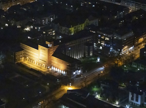 Aerial view, city hall Oberhausen, city administration, night photography, Schwartzstraße, Oberhausen, Ruhr area, North Rhine-Westphalia, Germany, DEU, Europe, birds-eyes view, aerial photography, aerial photography, overview, bird's eye view, nightshot, night, night flight