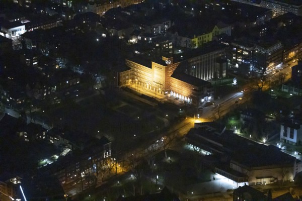 Aerial view, city hall Oberhausen, city administration, night photography, Schwartzstraße, Oberhausen, Ruhr area, North Rhine-Westphalia, Germany, DEU, Europe, birds-eyes view, aerial photography, aerial photography, overview, bird's eye view, nightshot, night, night flight
