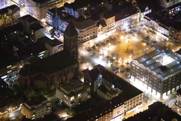 Aerial view, catholic church at the old market, old market, victory column, job centre, night shot, Oberhausen, Ruhr area, North Rhine-Westphalia, Germany, DEU, Europe, birds-eyes view, aerial photography, aerial photography, overview, bird's eye view, nightshot, night, night flight
