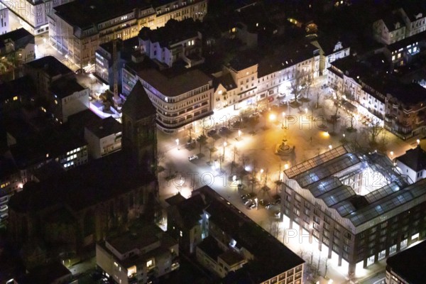 Aerial view, catholic church at the old market, old market, victory column, job centre, night shot, Oberhausen, Ruhr area, North Rhine-Westphalia, Germany, DEU, Europe, birds-eyes view, aerial photography, aerial photography, overview, bird's eye view, nightshot, night, night flight