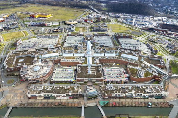 Aerial view, Centro shopping centre, Oberhausen, Centro-Promenade, Ruhr area, North Rhine-Westphalia, Germany, DE, shopping centre, shopping mall, shopping mile, shopping markets, shopping square, shopping centre, Europe, shapes and colours, canal on the promenade, aerial view, aerial photography, aerial photography, furniture shop, local supply centre, Neue Mitte, shopping, overview, bird's eye view, birds-eyes view, overview