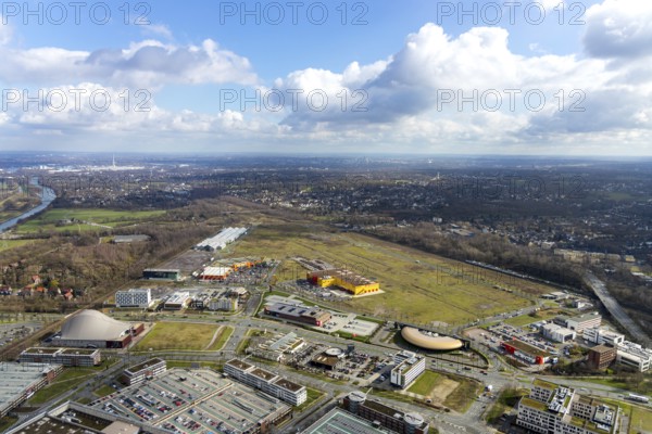 Aerial view, Centro shopping centre, new building POCO Einrichtungsmarkt, Neue Mitte, steelworks area, yellow-red building, Oberhausen, Ruhr area, North Rhine-Westphalia, Germany, construction area, DE, shopping centre, shopping mall, shopping mile, shopping markets, shopping square, shopping centre, Europe, distant view, aerial view, aerial photography, aerial photography, furniture shop, local supply centre, shopping, overview, bird's-eye view, overview