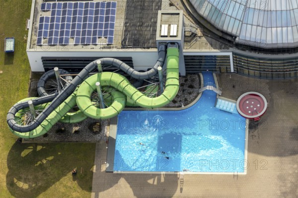 Aerial view, AQUApark Oberhausen adventure pool, outdoor pool, Oberhausen, Ruhr area, North Rhine-Westphalia, Germany, DE, adventure pool, Europe, shapes and colours, leisure facility, leisure pool, leisure design, leisure park, leisure centre, Heinz-Schleußer-Straße, aerial view, aerial photography, aerial photography, overview, bird's eye view, birds-eyes view, overview