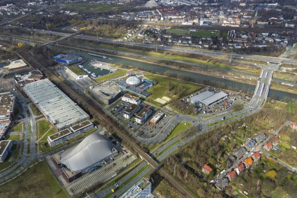 Aerial view, Stage Metronom Theater, AQUApark Oberhausen adventure pool, Marinapark, Oberhausen, Ruhr area, North Rhine-Westphalia, Germany, motorway A42, DE, adventure pool, Europe, river Emscher, leisure facility, leisure pool, leisure activities, leisure park, leisure centre, Heinz-Schleußer-Straße, culture, art, aerial photography, aerial photography, Rhein-Herne-Kanal, theatre, Techniker Krankenkasse (TK), theatre, overview, events, venue, event location, bird's-eye view, birds-eyes view, cultural use, overview