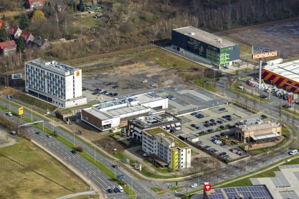 Aerial view, Hotel Super 8 by Wyndham Oberhausen, XIAO Restaurant, The ASH - Oberhausen, B&B Hotel Oberhausen am Centro, Oberhausen, Ruhr area, North Rhine-Westphalia, Germany, Brammenring, DE, food and drink, Europe, restaurant, gastronomy, gastronomy at Centro, hotel, hotel at Centro, hotel facilities, hotel business, L'Osteria, aerial view, aerial photography, aerial photography, overview, bird's-eye view, overview, rentabox24.de