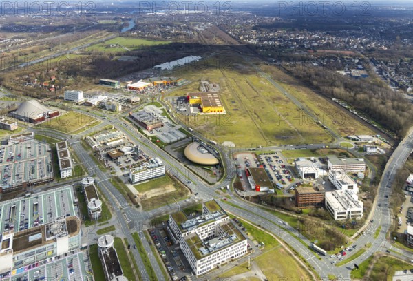 Aerial view, Centro shopping centre, new building POCO Einrichtungsmarkt, Neue Mitte, steelworks area, yellow-red building, Oberhausen, Ruhr area, North Rhine-Westphalia, Germany, construction area, DE, shopping centre, shopping mall, shopping mile, shopping markets, shopping square, shopping centre, Europe, aerial view, aerial photography, aerial photography, furniture shop, local supply centre, shopping, overview, bird's-eye view, overview