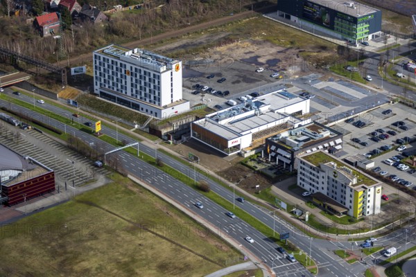 Aerial view, Hotel Super 8 by Wyndham Oberhausen, XIAO Restaurant, The ASH - Oberhausen, B&B Hotel Oberhausen am Centro, Oberhausen, Ruhr area, North Rhine-Westphalia, Germany, Brammenring, DE, food and drink, Europe, restaurant, gastronomy, gastronomy at Centro, hotel, hotel at Centro, hotel facilities, hotel business, aerial view, aerial photography, aerial photography, overview, bird's eye view, birds-eyes view, overview