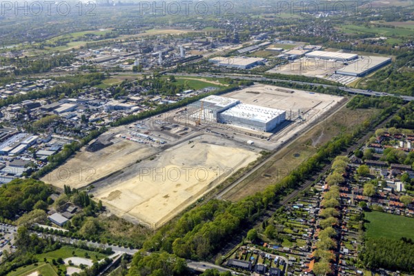 Aerial view, Logport V, Duisburger Hafen AG, Duisport, EDEKA logistics centre, central warehouse, Edeka Rhein-Ruhr retail chain, Wesel, Ruhr area, North Rhine-Westphalia, Germany, DE, Europe, birds-eyes view, aerial view, aerial photography, aerial photography, overview, bird's eye view