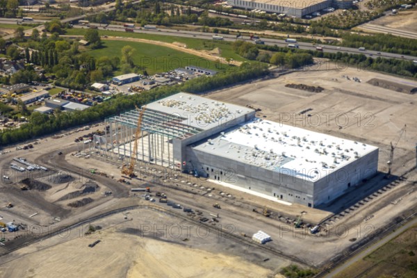 Aerial view, Logport V, Duisburger Hafen AG, Duisport, EDEKA logistics centre, central warehouse, Edeka Rhein-Ruhr retail chain, Wesel, Ruhr area, North Rhine-Westphalia, Germany, DE, Europe, birds-eyes view, aerial view, aerial photography, aerial photography, overview, bird's eye view