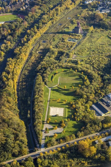 Aerial view, tree circle, landscaping Sterkrade, area of the former Sterkrade colliery, football pitch, Schwarze Heide, Oberhausen, Ruhr area, North Rhine-Westphalia, Germany, DE, monument, Europe, green area, autumn colours, aerial view, aerial photography, aerial photography, sports field, overview, bird's eye view, Von-Trotha-Straße, birds-eyes view, historical sight, overview