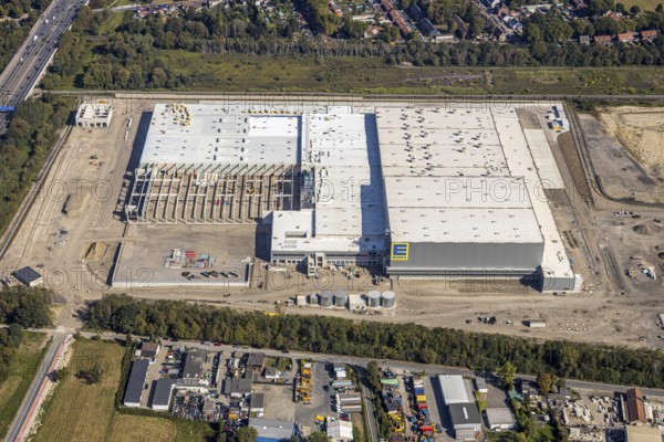 Aerial view, new access road, Oberhausen-Waldteich new EDEKA logistics centre for the Rhine-Ruhr region, Sterkrade, Oberhausen, Ruhr area, North Rhine-Westphalia, Germany, DE, Europe, birds-eyes view, aerial photograph, aerial photography, aerial photography, overview, overview, bird's eye view, Bremer AG, Duisburger Hafen AG, RAG Immobilien GmbH the joint venture logport ruhr GmbH
