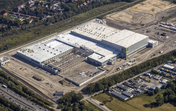 Aerial view, new access road, Oberhausen-Waldteich new EDEKA logistics centre for the Rhine-Ruhr region, Sterkrade, Oberhausen, Ruhr area, North Rhine-Westphalia, Germany, DE, Europe, birds-eyes view, aerial photograph, aerial photography, aerial photography, overview, overview, bird's eye view, Bremer AG, Duisburger Hafen AG, RAG Immobilien GmbH the joint venture logport ruhr GmbH