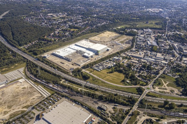 Aerial view, new access road, Oberhausen-Waldteich new EDEKA logistics centre for the Rhine-Ruhr region, Sterkrade, Oberhausen, Ruhr area, North Rhine-Westphalia, Germany, DE, Europe, birds-eyes view, aerial photograph, aerial photography, aerial photography, overview, overview, bird's eye view, Bremer AG, Duisburger Hafen AG, RAG Immobilien GmbH the joint venture logport ruhr GmbH