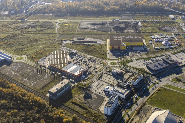Aerial view, Neue Mitte, CentrO area, construction site Brammenring, Hornbach Baumarkt, Poco Einrichtungsmarkt, Borbeck, Oberhausen, Ruhr area, North Rhine-Westphalia, Germany, construction work, construction, construction area, building site, building plots, construction project, construction site, DE, shopping, shopping centre, shopping markets, shopping square, shopping centre, Europe, aerial view, aerial photography, aerial photography, new building, shopping, shopping centre, overview, bird's-eye view, overview