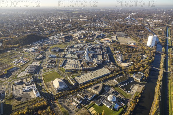 Aerial view, Neue Mitte, CentrO site, gasometer renovation measures, Borbeck, Oberhausen, Ruhr area, North Rhine-Westphalia, Germany, Brammenring, DE, shopping centre, shopping mall, shopping mile, shopping markets, shopping square, shopping centre, Europe, gastronomy, commercial enterprises, commercial area, commercial park, commercial location, commercial use, Hornbach Baumarkt, hotel, hotel complex Super 8, hotel complexes, hotel business, industrial area, industrial building, industrial location, aerial view, aerial photography, aerial photography, furniture shop, local supply centre, shopping, shopping centre, overview, cloaking, bird's-eye view, overview, cloaked gasometer, white tarpaulins