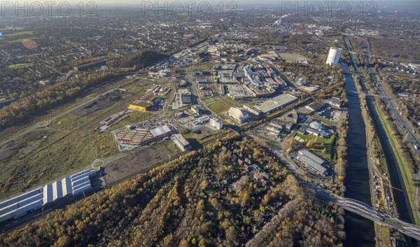Aerial view, Neue Mitte, CentrO site, gasometer renovation measures, Poco Einrichtungsmarkt, Landgard Cash & Carry, Borbeck, Oberhausen, Ruhr area, North Rhine-Westphalia, Germany, flower wholesaler, Brammenring, DE, shopping centre, shopping mall, shopping mile, shopping markets, shopping square, shopping centre, Europe, gastronomy, commercial enterprises, commercial area, commercial area, commercial park, commercial location, commercial use, Hornbach Baumarkt, hotel, hotel complex Super 8, hotel facilities, hotel business, industrial area, industrial building, industrial location, aerial view, aerial photography, aerial photography, furniture shop, local supply centre, shopping, shopping centre, overview, wrapping, bird's-eye view, overview, wrapped gasometer, white tarpaulins