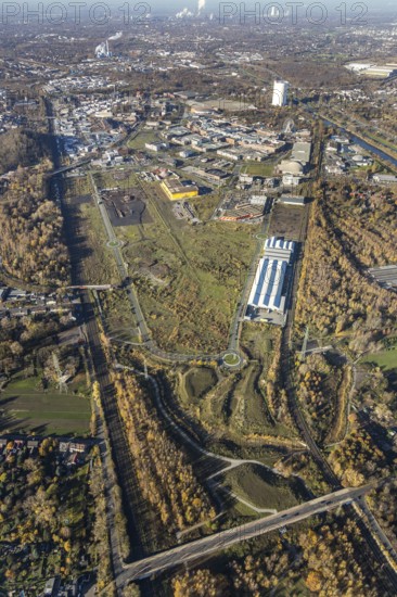 Aerial view, Neue Mitte, CentrO site, gasometer renovation measures, Poco Einrichtungsmarkt, Landgard Cash & Carry, Borbeck, Oberhausen, Ruhr area, North Rhine-Westphalia, Germany, flower wholesaler, Brammenring, DE, shopping centre, shopping mall, shopping mile, shopping markets, shopping square, shopping centre, Europe, gastronomy, commercial enterprises, commercial area, commercial area, commercial park, commercial location, commercial use, Hornbach Baumarkt, hotel, hotel complex Super 8, hotel facilities, hotel business, industrial area, industrial building, industrial location, aerial view, aerial photography, aerial photography, furniture shop, local supply centre, shopping, shopping centre, overview, wrapping, bird's-eye view, overview, wrapped gasometer, white tarpaulins