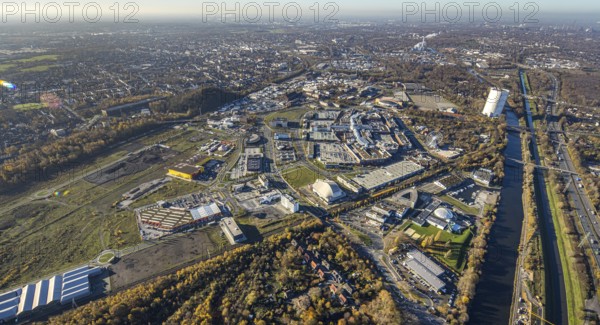 Aerial view, Neue Mitte, CentrO site, gasometer renovation measures, Poco Einrichtungsmarkt, Landgard Cash & Carry, Borbeck, Oberhausen, Ruhr area, North Rhine-Westphalia, Germany, flower wholesaler, Brammenring, DE, shopping centre, shopping mall, shopping mile, shopping markets, shopping square, shopping centre, Europe, gastronomy, commercial enterprises, commercial area, commercial area, commercial park, commercial location, commercial use, Hornbach Baumarkt, hotel, hotel complex Super 8, hotel facilities, hotel business, industrial area, industrial building, industrial location, aerial view, aerial photography, aerial photography, furniture shop, local supply centre, shopping, shopping centre, overview, wrapping, bird's-eye view, overview, wrapped gasometer, white tarpaulins