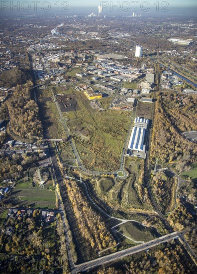 Aerial view, Neue Mitte, CentrO site, gasometer renovation measures, Poco Einrichtungsmarkt, Landgard Cash & Carry, Borbeck, Oberhausen, Ruhr area, North Rhine-Westphalia, Germany, flower wholesaler, Brammenring, DE, shopping centre, shopping mall, shopping mile, shopping markets, shopping square, shopping centre, Europe, gastronomy, commercial enterprises, commercial area, commercial area, commercial park, commercial location, commercial use, Hornbach Baumarkt, hotel, hotel complex Super 8, hotel facilities, hotel business, industrial area, industrial building, industrial location, aerial view, aerial photography, aerial photography, furniture shop, local supply centre, shopping, shopping centre, overview, wrapping, bird's-eye view, overview, wrapped gasometer, white tarpaulins