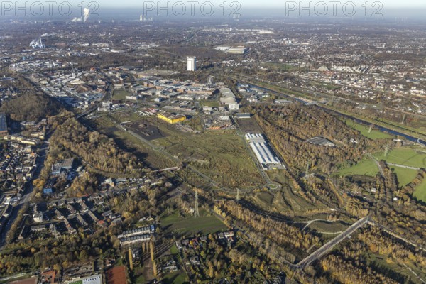Aerial view, Neue Mitte, CentrO site, gasometer renovation measures, Poco Einrichtungsmarkt, Landgard Cash & Carry, Borbeck, Oberhausen, Ruhr area, North Rhine-Westphalia, Germany, flower wholesaler, Brammenring, DE, shopping centre, shopping mall, shopping mile, shopping markets, shopping square, shopping centre, Europe, gastronomy, commercial enterprises, commercial area, commercial area, commercial park, commercial location, commercial use, Hornbach Baumarkt, hotel, hotel complex Super 8, hotel facilities, hotel business, industrial area, industrial building, industrial location, aerial view, aerial photography, aerial photography, furniture shop, local supply centre, shopping, shopping centre, overview, wrapping, bird's-eye view, overview, wrapped gasometer, white tarpaulins