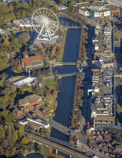Aerial view, CentrO Promenade, CentrO Ferris wheel, canal, Marienviertel Ost, Oberhausen, Ruhr area, North Rhine-Westphalia, Germany, outdoor gastronomy, beer garden, café, DE, shopping centre, food and drink, Europe, leisure activities, restaurant, gastronomy, aerial photography, aerial photography, promenade, restaurant, overview, bird's-eye view, overview, Neue Mitte Oberhausen, Centro