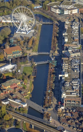 Aerial view, CentrO Promenade, CentrO Ferris wheel, canal, Marienviertel Ost, Oberhausen, Ruhr area, North Rhine-Westphalia, Germany, outdoor gastronomy, beer garden, café, DE, shopping centre, food and drink, Europe, leisure activities, restaurant, gastronomy, aerial photography, aerial photography, promenade, restaurant, overview, bird's-eye view, overview, Neue Mitte Oberhausen, Centro