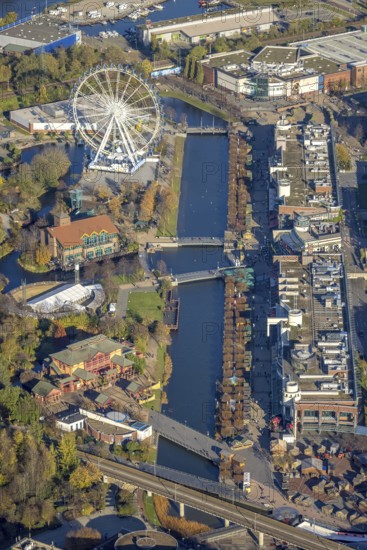 Aerial view, CentrO Promenade, CentrO Ferris wheel, canal, Marienviertel Ost, Oberhausen, Ruhr area, North Rhine-Westphalia, Germany, outdoor gastronomy, beer garden, café, DE, shopping centre, food and drink, Europe, leisure activities, restaurant, gastronomy, aerial photography, aerial photography, promenade, restaurant, overview, bird's-eye view, overview, Neue Mitte Oberhausen, Centro