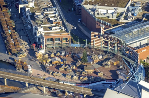 Aerial view, Centro, Platz der Guten Hoffnung, preparations for the Centro Christmas market, Marienviertel Ost, Oberhausen, Ruhr area, North Rhine-Westphalia, Germany, outdoor catering, DE, food and drink, Europe, gastronomy, wooden stalls, aerial view, aerial photography, aerial photography, overview, bird's-eye view, overview, Neue Mitte Oberhausen