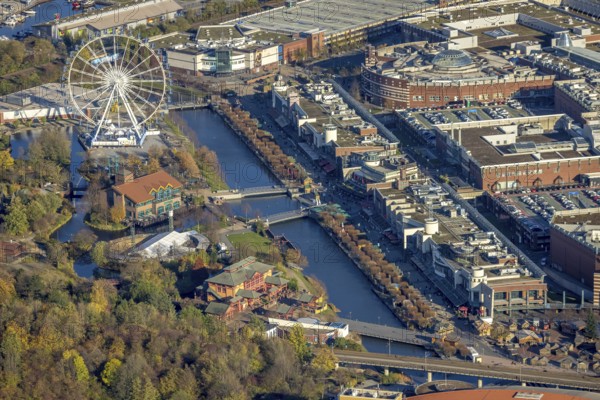 Aerial view, CentrO Promenade, CentrO Ferris wheel, canal, Marienviertel Ost, Oberhausen, Ruhr area, North Rhine-Westphalia, Germany, outdoor gastronomy, beer garden, café, DE, shopping centre, food and drink, Europe, leisure activities, restaurant, gastronomy, aerial photography, aerial photography, promenade, restaurant, overview, bird's-eye view, overview, Neue Mitte Oberhausen, Centro