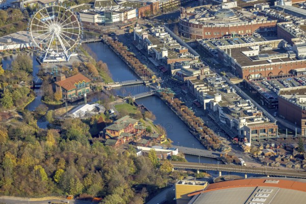 Aerial view, CentrO Promenade, CentrO Ferris wheel, canal, Marienviertel Ost, Oberhausen, Ruhr area, North Rhine-Westphalia, Germany, outdoor gastronomy, beer garden, café, DE, shopping centre, food and drink, Europe, leisure activities, restaurant, gastronomy, aerial photography, aerial photography, promenade, restaurant, overview, bird's-eye view, overview, Neue Mitte Oberhausen, Centro