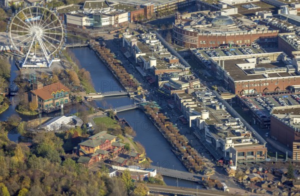Aerial view, CentrO Promenade, CentrO Ferris wheel, canal, Marienviertel Ost, Oberhausen, Ruhr area, North Rhine-Westphalia, Germany, outdoor gastronomy, beer garden, café, DE, shopping centre, food and drink, Europe, leisure activities, restaurant, gastronomy, aerial photography, aerial photography, promenade, restaurant, overview, bird's-eye view, overview, Neue Mitte Oberhausen, Centro