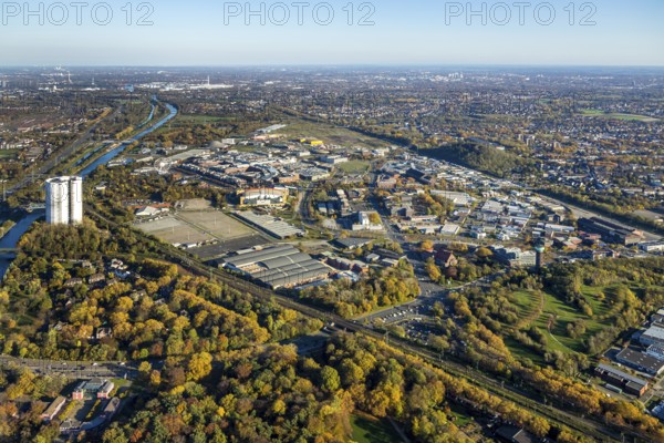 Aerial view, gasometer renovation, covered gasometer, CentrO Ferris wheel, Rhine-Herne Canal, River Emscher, Marienviertel, Oberhausen, Ruhr area, North Rhine-Westphalia, Germany, construction, construction project, DE, Europe, aerial view, aerial photography, aerial photography, renovation, refurbishment, overview, bird's-eye view, overview, Neue Mitte Oberhausen, Centro