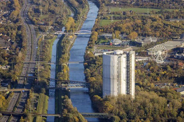 Aerial view, gasometer renovation, covered gasometer, Rhine-Herne Canal, river Emscher, Buschhausen, Oberhausen, Ruhr area, North Rhine-Westphalia, Germany, construction measure, construction project, DE, Europe, aerial view, aerial photography, aerial photography, renovation, renovation, overview, bird's-eye view, overview, white tarpaulins