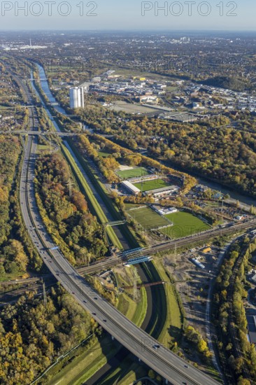 Aerial view, gasometer renovation, covered gasometer, Rhine-Herne Canal, river Emscher, Buschhausen, Oberhausen, Ruhr area, North Rhine-Westphalia, Germany, construction measure, construction project, DE, Europe, aerial view, aerial photography, aerial photography, renovation, renovation, overview, bird's-eye view, overview, white tarpaulins
