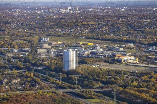 Aerial view, gasometer renovation, covered gasometer, CentrO Ferris wheel, Neue Mitte, Buschhausen, Oberhausen, Ruhr area, North Rhine-Westphalia, Germany, construction, construction project, DE, Europe, aerial view, aerial photography, aerial photography, renovation, overview, bird's eye view, birds-eyes view, overview, white tarpaulins