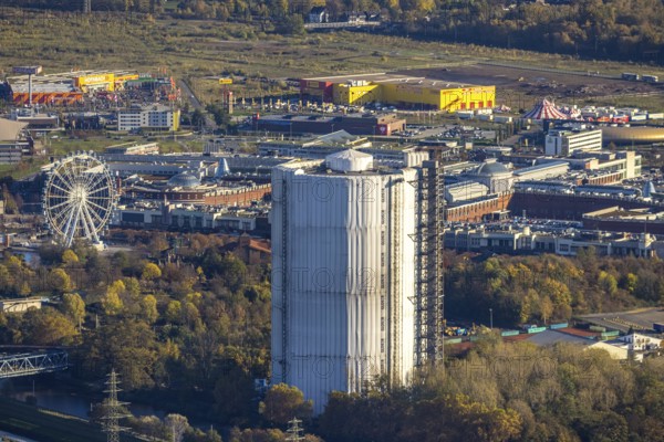 Aerial view, gasometer renovation, covered gasometer, CentrO Ferris wheel, Buschhausen, Oberhausen, Ruhr area, North Rhine-Westphalia, Germany, construction, construction project, DE, Europe, aerial view, aerial photography, aerial photography, renovation, overview, bird's eye view, birds-eyes view, overview, white tarpaulins