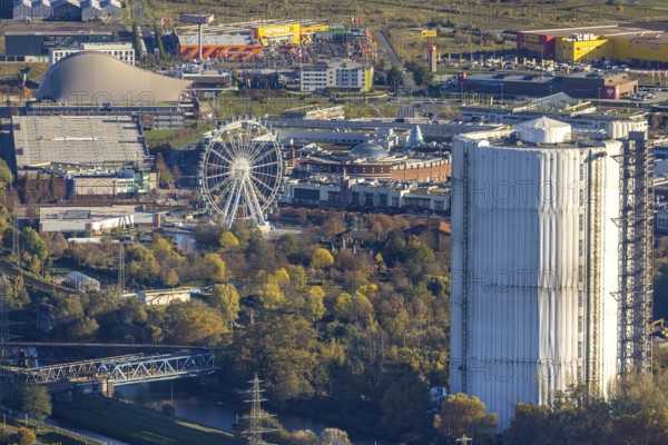Aerial view, gasometer renovation, covered gasometer, CentrO Ferris wheel, Neue Mitte, Buschhausen, Oberhausen, Ruhr area, North Rhine-Westphalia, Germany, construction, construction project, DE, Europe, aerial view, aerial photography, aerial photography, renovation, overview, bird's eye view, birds-eyes view, overview, white tarpaulins