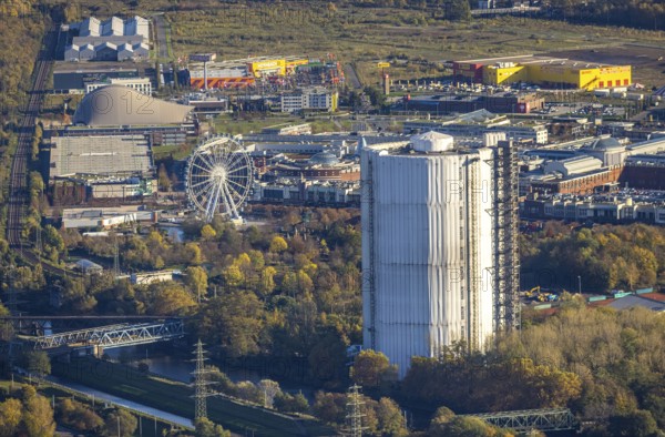 Aerial view, gasometer renovation, covered gasometer, CentrO Ferris wheel, Neue Mitte, Buschhausen, Oberhausen, Ruhr area, North Rhine-Westphalia, Germany, construction, construction project, DE, Europe, aerial view, aerial photography, aerial photography, renovation, overview, bird's eye view, birds-eyes view, overview, white tarpaulins