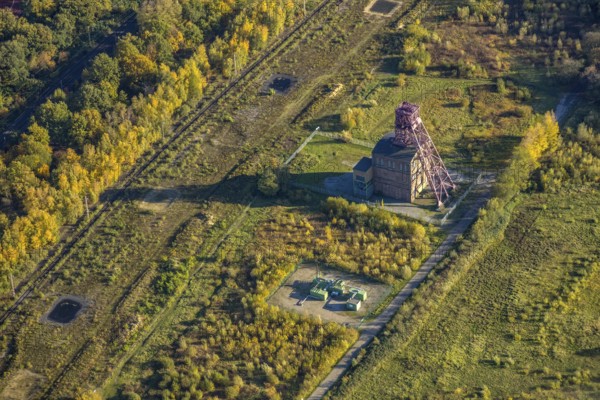 Aerial view, historic colliery winding tower shaft 1 Sterkrade colliery, Schwarze Heide, Oberhausen, Ruhr area, North Rhine-Westphalia, Germany, DE, monument, Europe, green area, autumn colours, aerial view, aerial photography, aerial photography, overview, bird's eye view, Von-Trotha-Straße, birds-eyes view, historic sight, overview