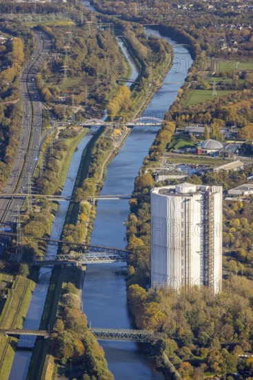 Aerial view, gasometer renovation, covered gasometer, Rhine-Herne Canal, river Emscher, Buschhausen, Oberhausen, Ruhr area, North Rhine-Westphalia, Germany, construction measure, construction project, DE, Europe, aerial view, aerial photography, aerial photography, renovation, renovation, overview, bird's-eye view, overview, white tarpaulins