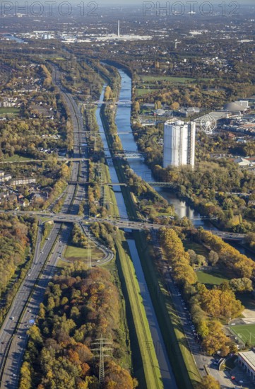 Aerial view, gasometer renovation, covered gasometer, Rhine-Herne Canal, river Emscher, Buschhausen, Oberhausen, Ruhr area, North Rhine-Westphalia, Germany, construction measure, construction project, DE, Europe, aerial view, aerial photography, aerial photography, renovation, renovation, overview, bird's-eye view, overview, white tarpaulins