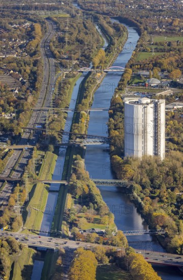 Aerial view, gasometer renovation, covered gasometer, Rhine-Herne Canal, river Emscher, Buschhausen, Oberhausen, Ruhr area, North Rhine-Westphalia, Germany, construction measure, construction project, DE, Europe, aerial view, aerial photography, aerial photography, renovation, renovation, overview, bird's-eye view, overview, white tarpaulins
