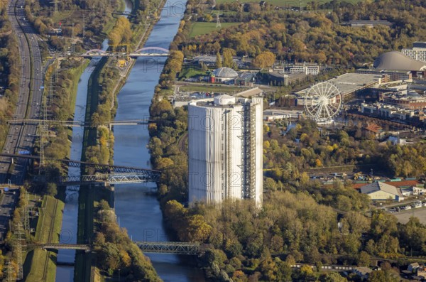 Aerial view, gasometer renovation, covered gasometer, Rhine-Herne Canal, river Emscher, Buschhausen, Oberhausen, Ruhr area, North Rhine-Westphalia, Germany, construction measure, construction project, DE, Europe, aerial view, aerial photography, aerial photography, renovation, renovation, overview, bird's-eye view, overview, white tarpaulins