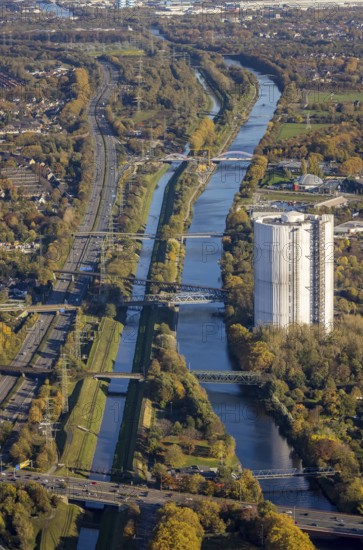 Aerial view, gasometer renovation, covered gasometer, Rhine-Herne Canal, river Emscher, Buschhausen, Oberhausen, Ruhr area, North Rhine-Westphalia, Germany, construction measure, construction project, DE, Europe, aerial view, aerial photography, aerial photography, renovation, renovation, overview, bird's-eye view, overview, white tarpaulins