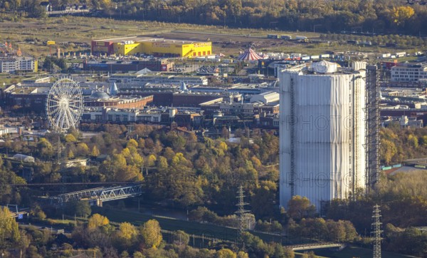 Aerial view, gasometer renovation, covered gasometer, CentrO Ferris wheel, Neue Mitte, Buschhausen, Oberhausen, Ruhr area, North Rhine-Westphalia, Germany, construction, construction project, DE, Europe, aerial view, aerial photography, aerial photography, renovation, overview, bird's eye view, birds-eyes view, overview, white tarpaulins