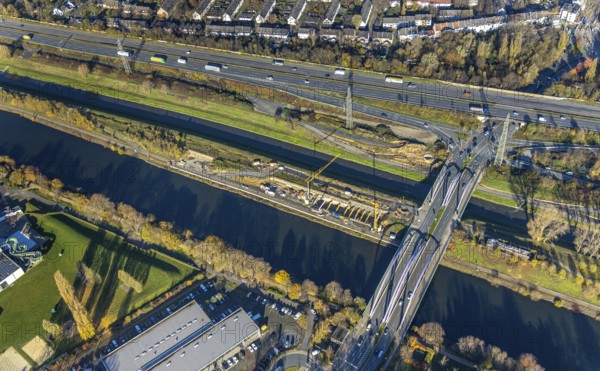 Aerial view, construction site between Rhine-Herne-Canal and Emscher, bridge Osterfelder Straße, Borbeck, Oberhausen, Ruhr area, North Rhine-Westphalia, Germany, motorway A42, car dealership Bernds, construction work, building, construction area, building site, building plots, construction project, construction site, bridge, DE, Europe, canal, aerial view, aerial photography, aerial photography, new building, overview, bird's-eye view, overview